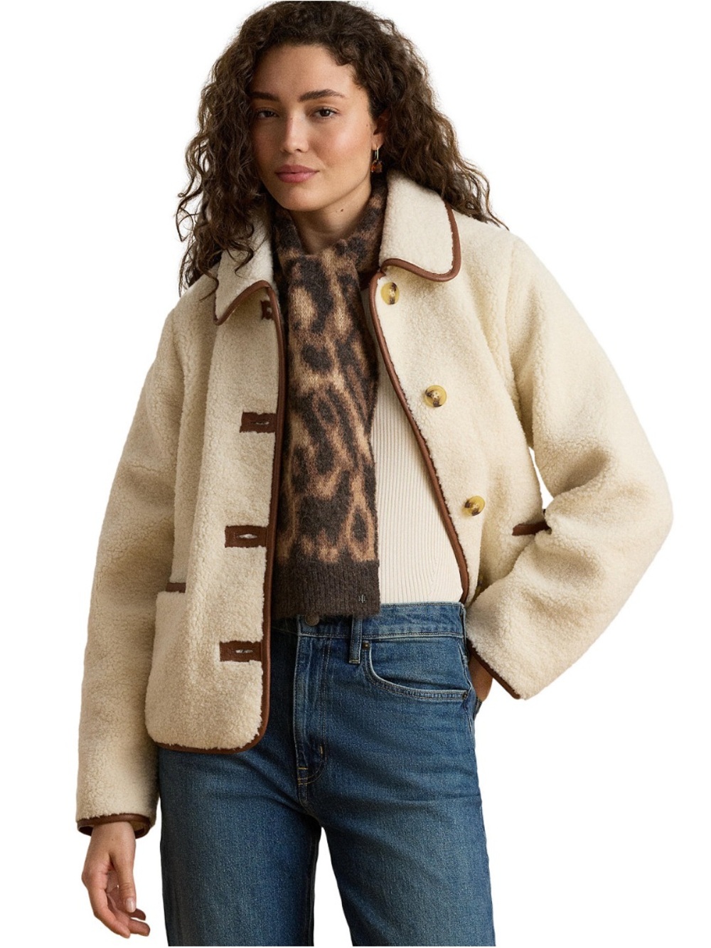 Lauren Ralph Lauren Cream Teddy Jacket with Brown Trim